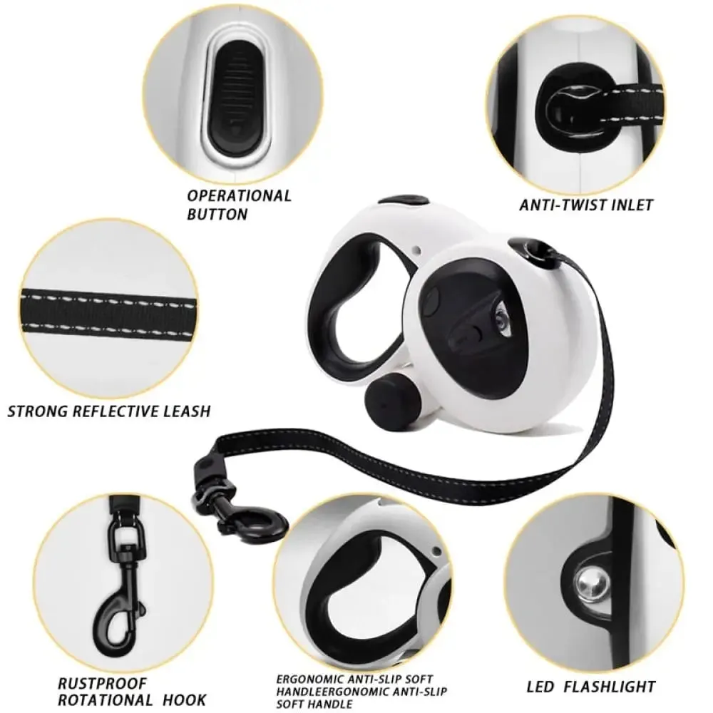 5m Retractable Led Flashlight Reflective no Tangle Dog Leash with Poop Bag Dispenser