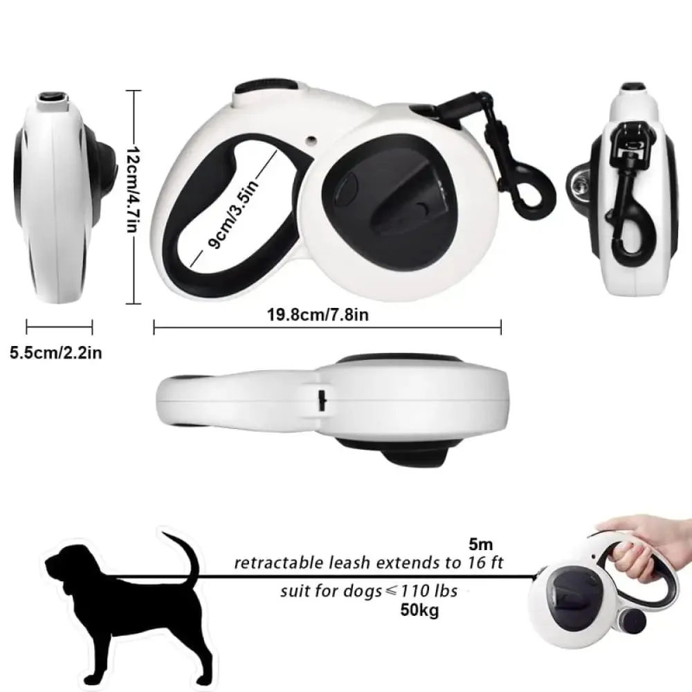5m Retractable Led Flashlight Reflective no Tangle Dog Leash with Poop Bag Dispenser
