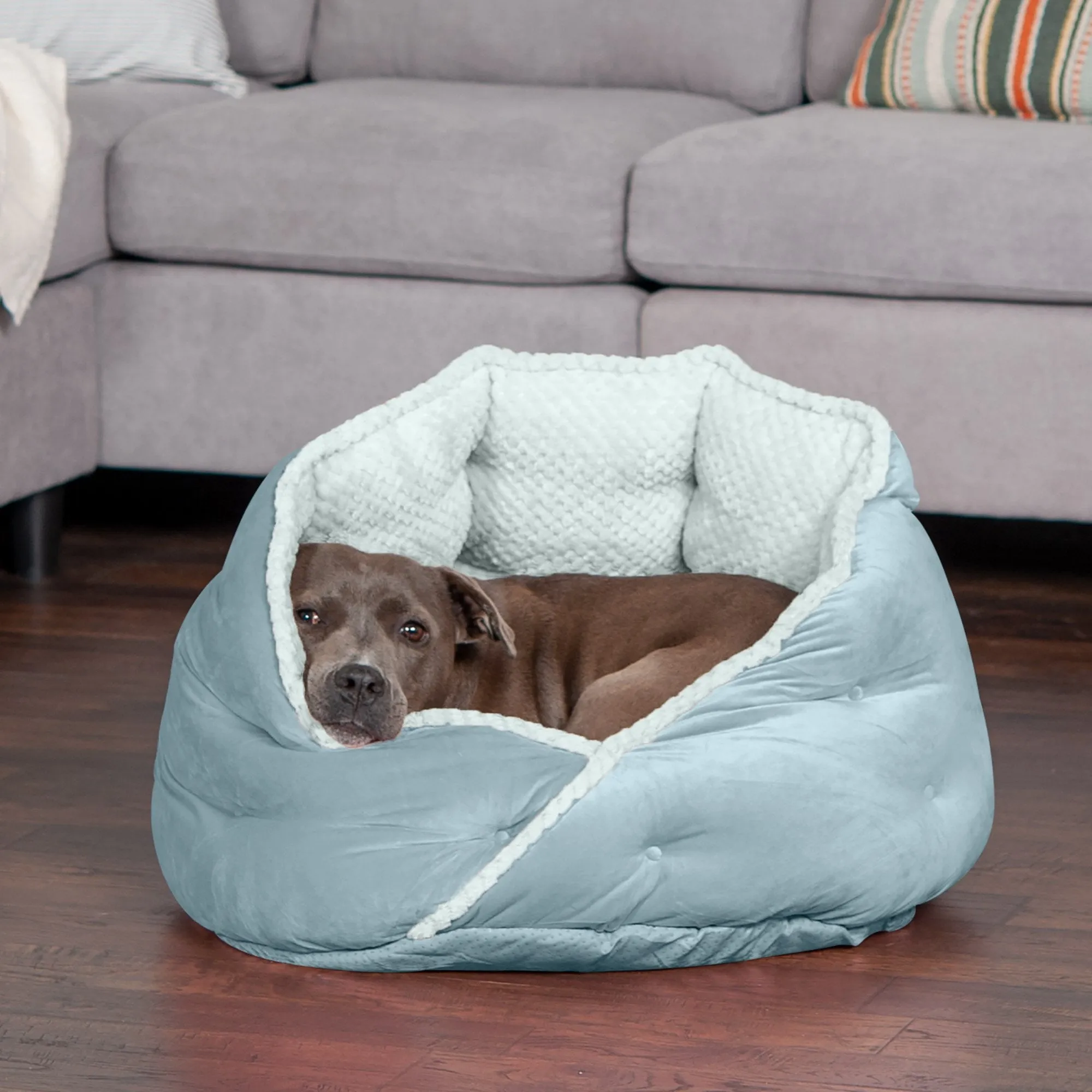 FurHaven Minky Faux Fur & Velvet Calming Hug Bed - Medium 24, Aquamarine