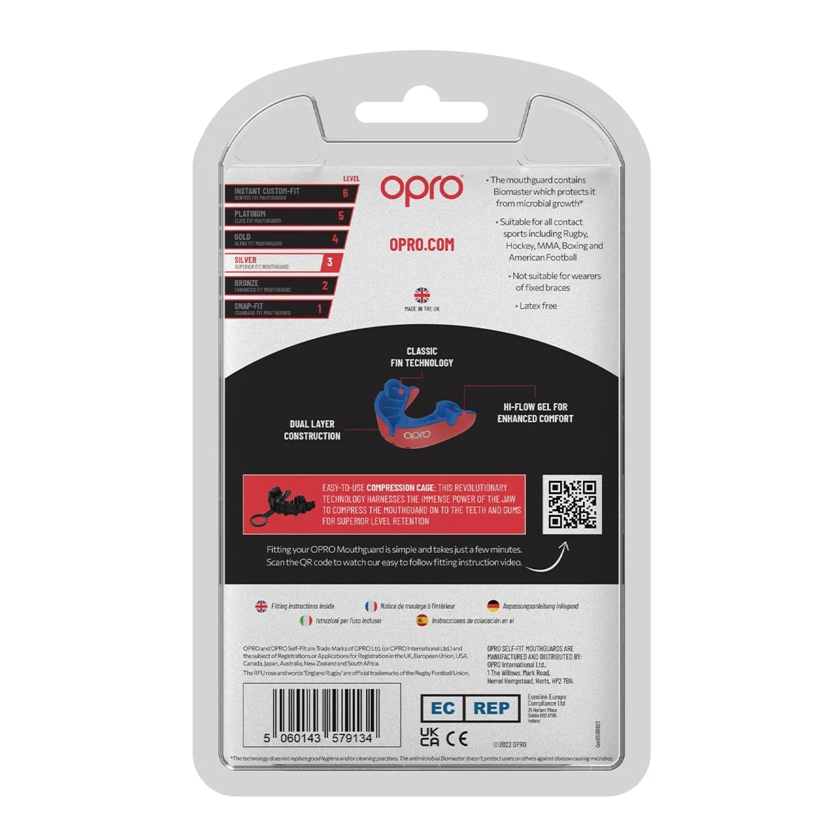 Opro Self - Fit Adult Silver Mouthguard -  Red/Blue