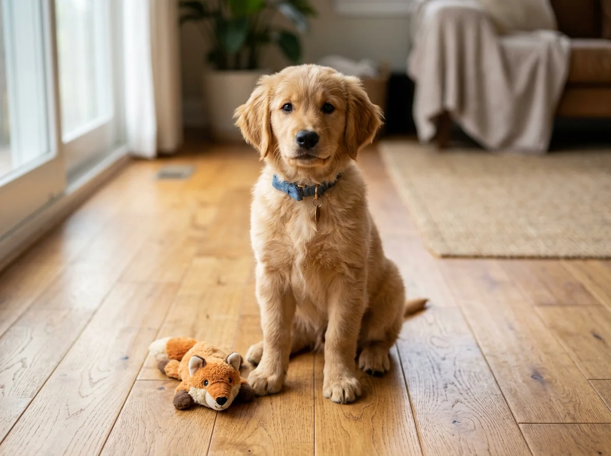 Relaxed dog following its owner through a bright home hallway