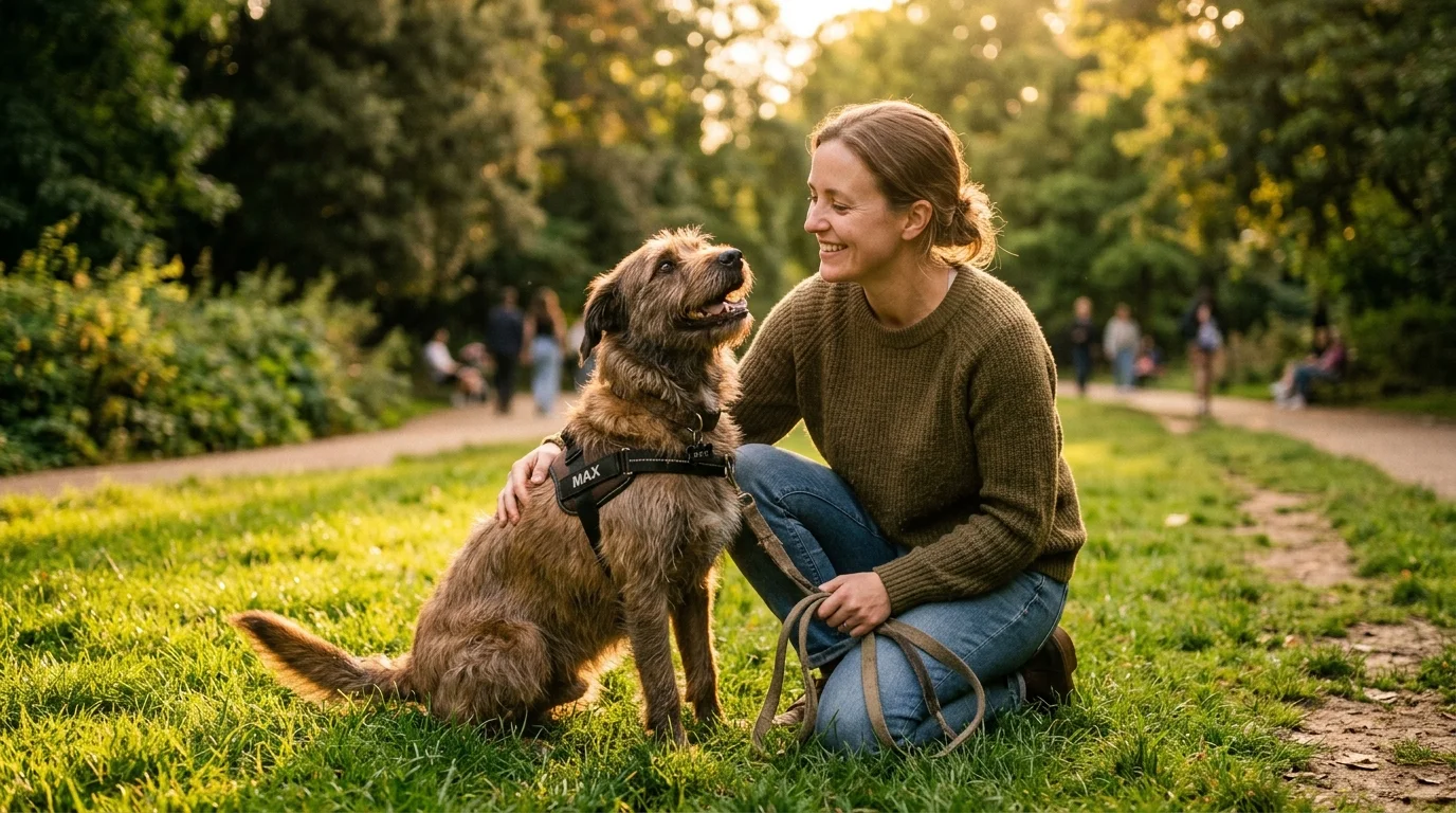 Rescue dog sitting near a front gate at sunset